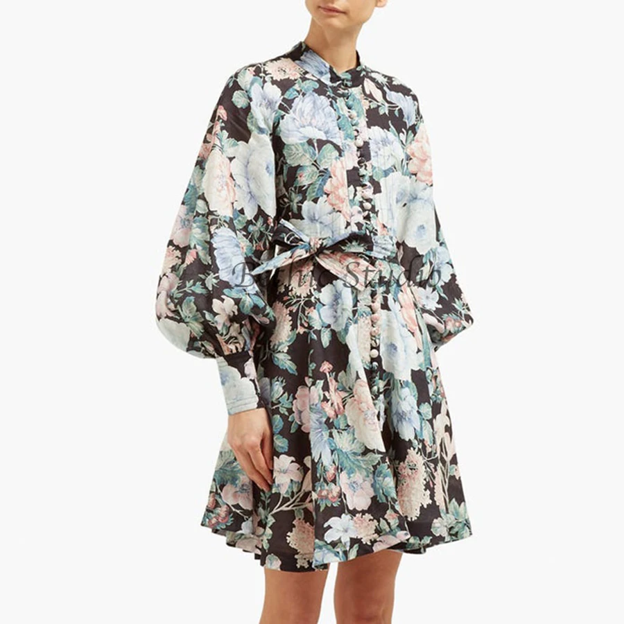 

2019 Autumn Vintage Style Floral Print Elegant Women Dress Stand Collar Lantern Sleeve Drawstring Slim Draped Mini Dress