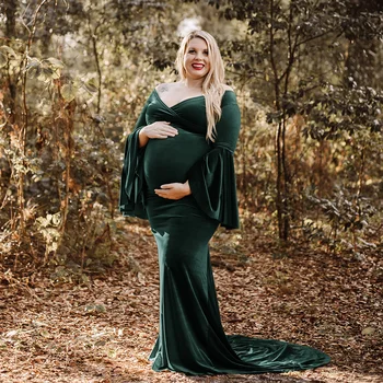 

Winter Velvet Maternity Dress Photo Shoot Christmas Photography Prop Maxi Long Gown Fall Pregnancy Clothing for Baby Shower Gift