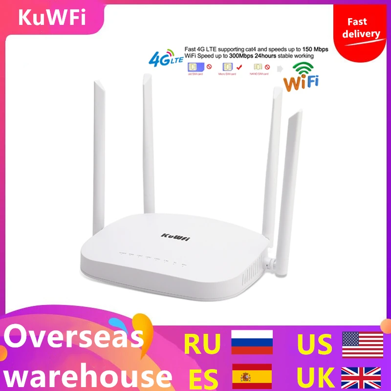 KuWFi 4G LTE Wifi Router 300 Мбит / с 3G / 4G Беспроводной CPE-маршрутизатор с поддержкой слотов для SIM-карт 4G в LAN с 4шт антеннами до 32 пользователей