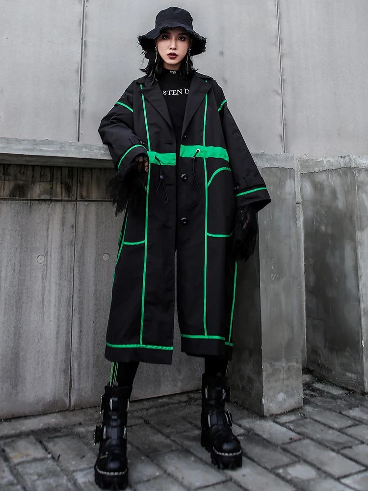 QING MO Patchwork Color Women Coat Spring Autumn Women Wide Waisted Long Coat Streetwear Style Coat Black ZQY1460