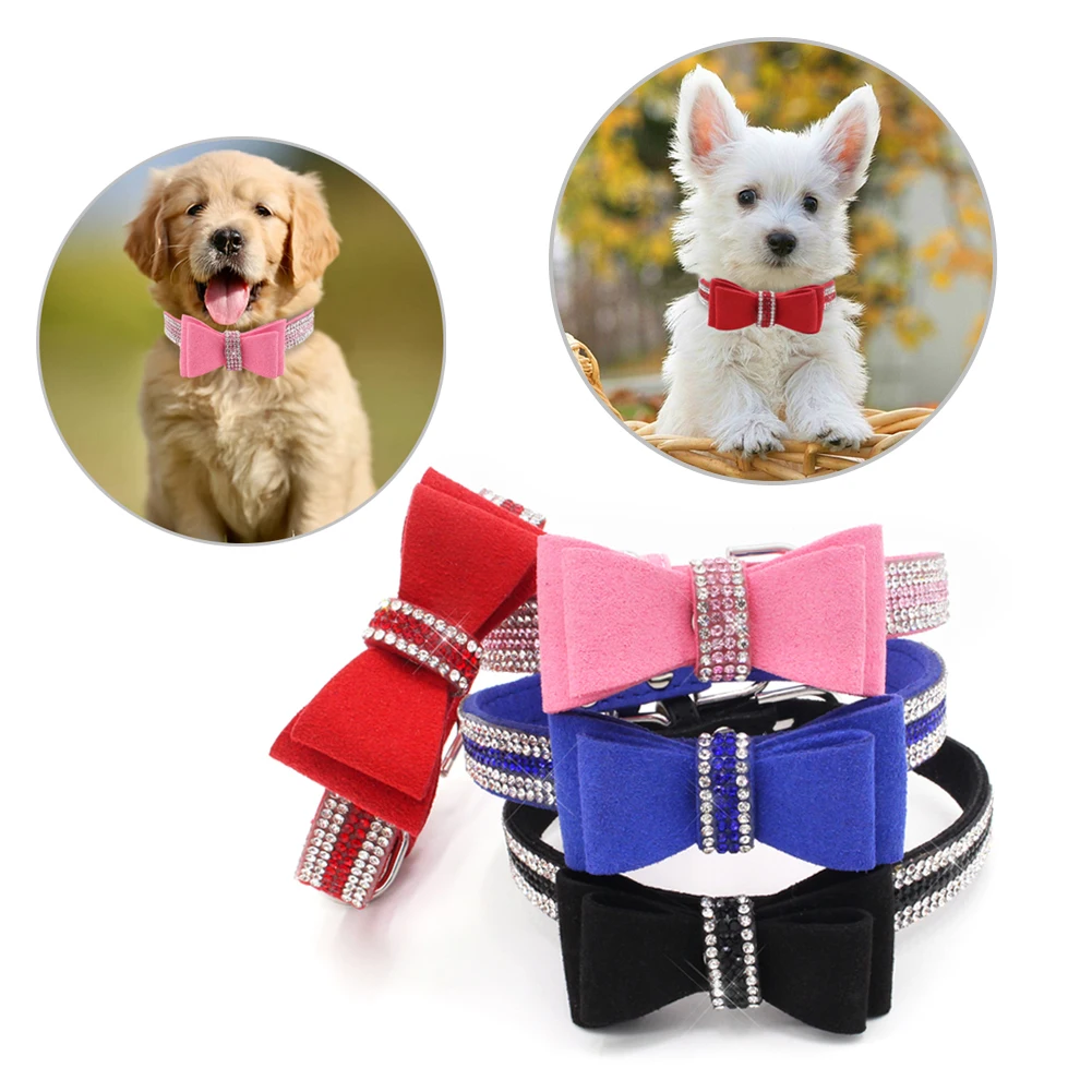 Bling Rhinestone Puppy Cat Collars Adjustable Leather Bowknot Kitten Collar For Dogs Cats Chihuahua Pug Yorkshire Dropship | Дом и сад