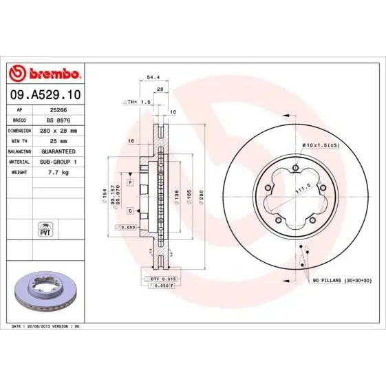 Диск тормозной FORD TRANSIT 06- передний вент.D=280мм. BREMBO 09