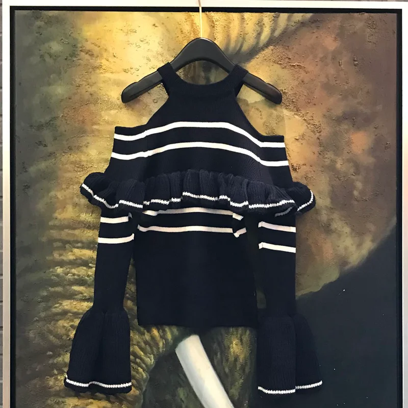 

Sexy Halter Ruffles Knitted Sweater Women Stripes Flare Sleeve Autumn Pullover Jumper 2019 Slim Harajuku Casual Basic Sweater