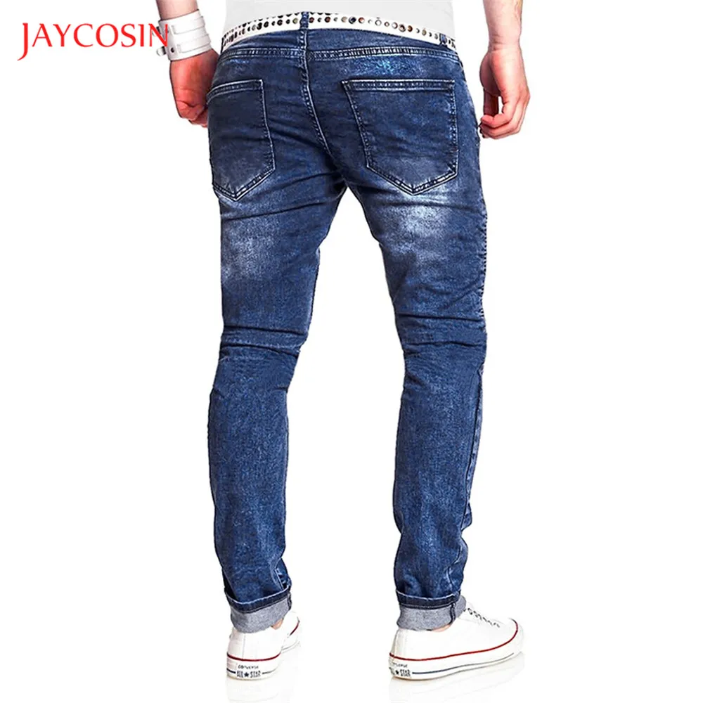 Jaycosin, джинсовые мужские брюки,, повседневные, модные, промытый, плиссированный, с дырками, на пуговицах, обычные, узкие джинсы, синие, облегающие