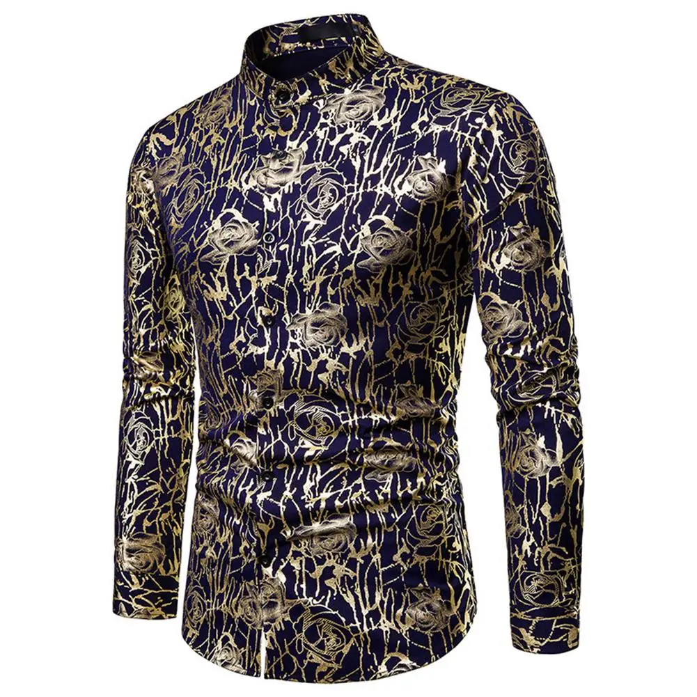 Yfashion/мужские рубашки с длинным рукавом и длинным рукавом, с розовым узором, с золотым тиснением для ночного клуба, модные формальные мужские Рубашки, Топы