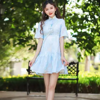 

2020 NEW sexy chinese dresses French style short qipao dress plus size white pink blue cheongsam floral summer clothes female