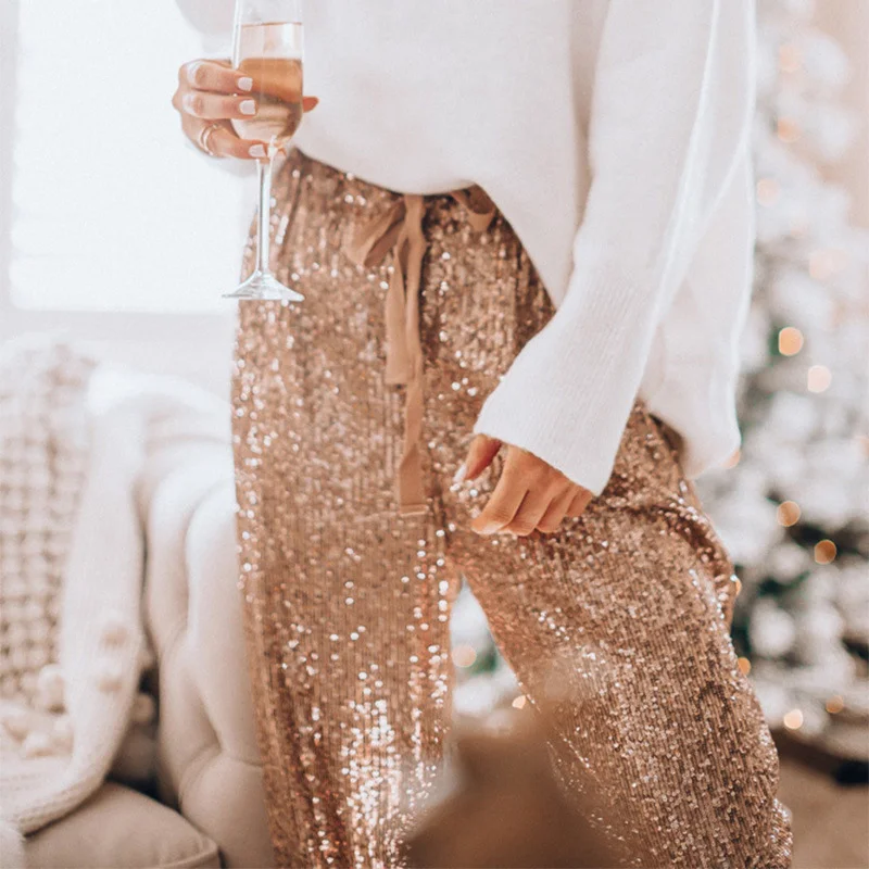 

Gold Sequin Shiny Wide Beam Leg Pants Women Casual Christmas Party Harem Pants High Waist Lace Up Trousers Streetwear