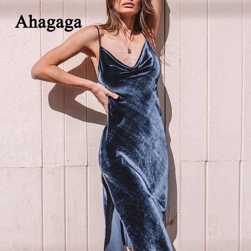 

2019 Sexy Velvet Dress Women Fashion New Solid Color V-neck Backless Split Sleeveless Bandage Party Nightclub Women Dresses