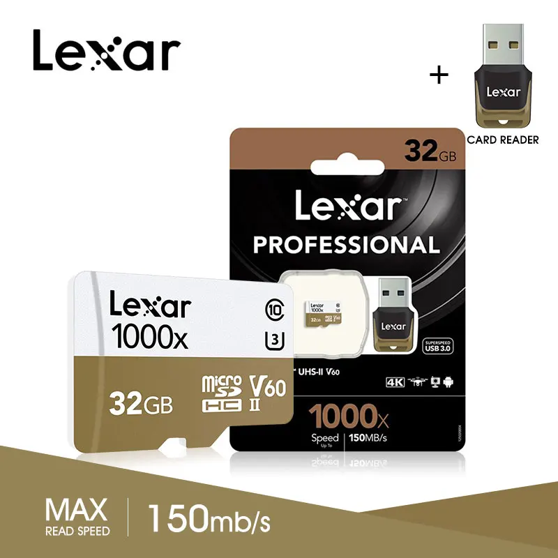 Новинка, Lexar 150 МБ/с./с, 1000x, Micro SD, 32 ГБ, класс 10, 64 ГБ, micro SDXC, 128 ГБ, tf карта памяти, считыватель UHS для дрона, спортивной видеокамеры
