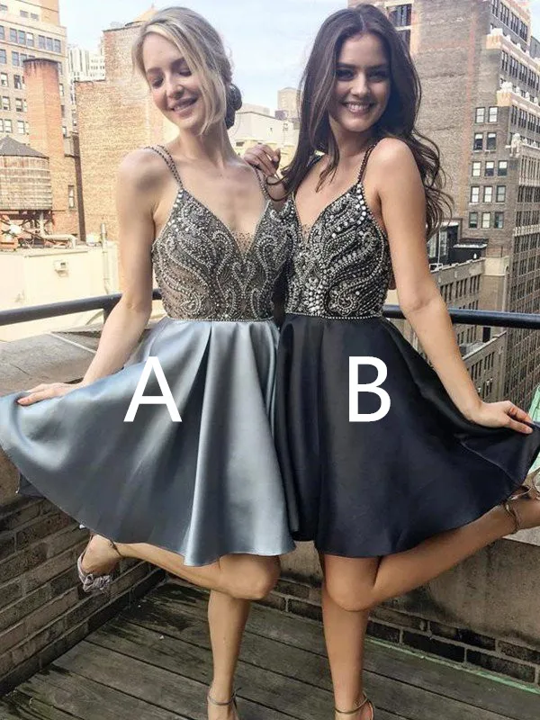 Sexy Homecoming Dress A-Line/Princess Beading V-neck Satin Sleeveless Short/Mini Dresses for Party - Цвет: The Picture color B