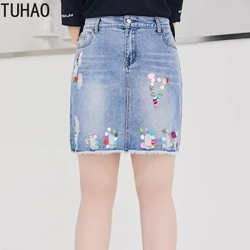 

TUHAO Casual Women Ripped Casual Denim Skirts 2019 Summer Plus Size 7XL 6XL 5XL Women Skirt Basic Pocket Jeans High Waist Skirt