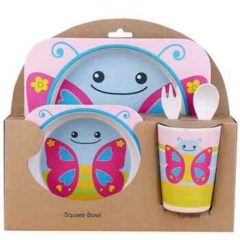 

5 Pieces / Set Of Small Butterfly Animal Dish + Bow + Fork + Cup Baby Tableware Feeding Set Bamboo Fiber Baby Cute Children Cont