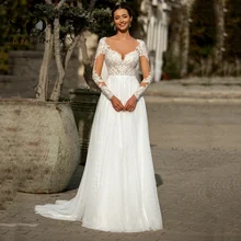 

SoDigne Bohemian A Line Long Sleeve Wedding Dress Boho V-neck Beach A-line Tulle White Ivory Bride Dress Gowns