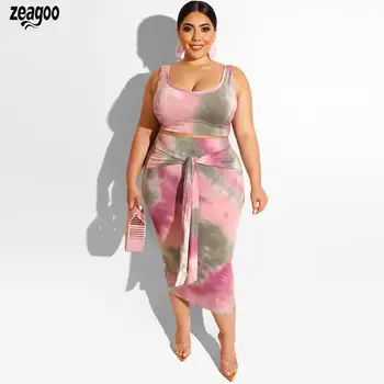 

Womens Summer Print Outfits O-Neck Sleeveless Tank Tops Daily Knot Pink, Orange, Blue Casual Skirts Set