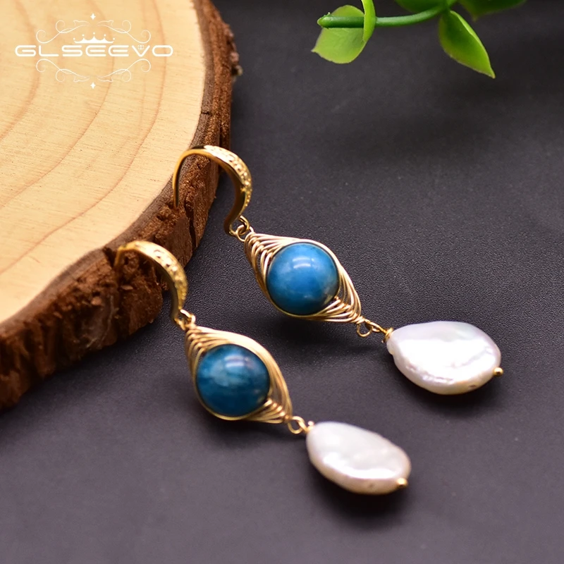 

GLSEEVO Natural Fresh Water Baroque Pearl Jade Drop Hook Earrings For Engagement Temperament Original Design Jewellery GE0923C