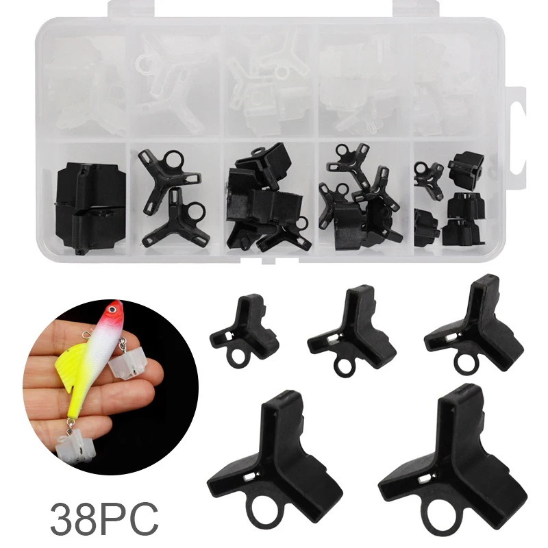 38pcs Fishing Treble Hooks Case Caps Black & White Colour Mixed Bait