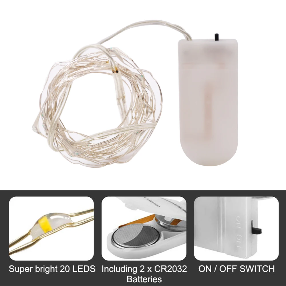 A 20 or 40 LED copper wire string light, battery-operated and flexible, perfect for indoor or outdoor decor ambiance. multi colors bright colors
