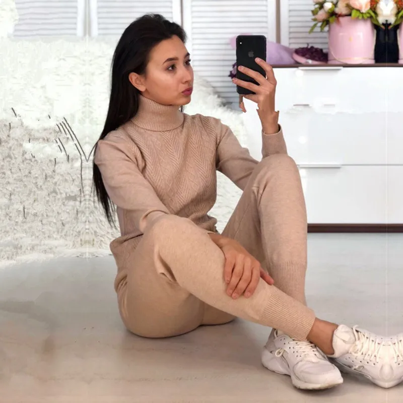 

Women sweat suit set 2 piece set women suit female European and American turtleneck sweater knit top + pants suit