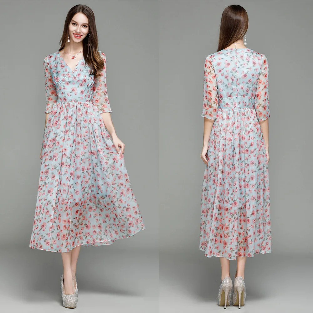 

Ck7153 Spring New Style Evening Gown Small Floral Chiffon Maxi Dress Dress Long Small V-neck Long Sleeve Women's Printed