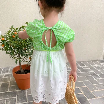 

Children Shirt summer little Girls Fluorescent Color Plaid Shirt baby Backless Short Tops clothes kids Short Sleeve blouses