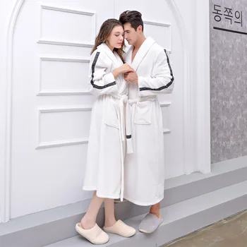 

White Lovers Flannel Kimono Gown Home Clothing Soft Warm Nightwear Lounge Bathrobe Sleepwear Casual Couple Nightgown Homewear