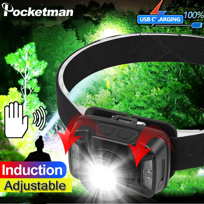 

Powerful Headlamp Body Motion Sensor Headlight USB Rechargeable Head Light Waterproof Zoom Head Front Light Camping