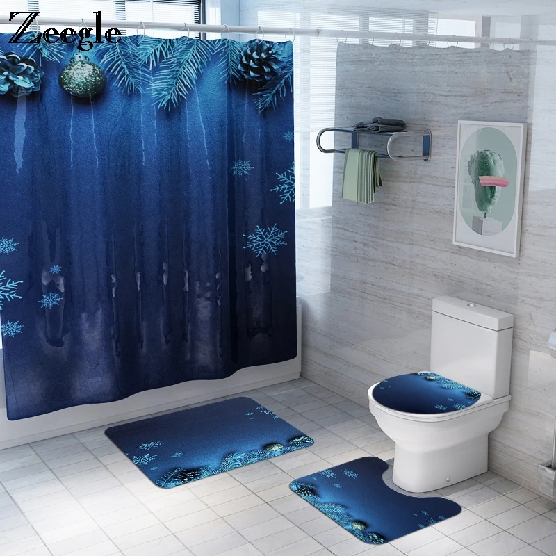 Zeegle Bath Mat Set and Waterproof Shower Curtain Absorbent Toilet Pedestal Rug Foot Mat Washable Bathroom Curtain Carpets Set
