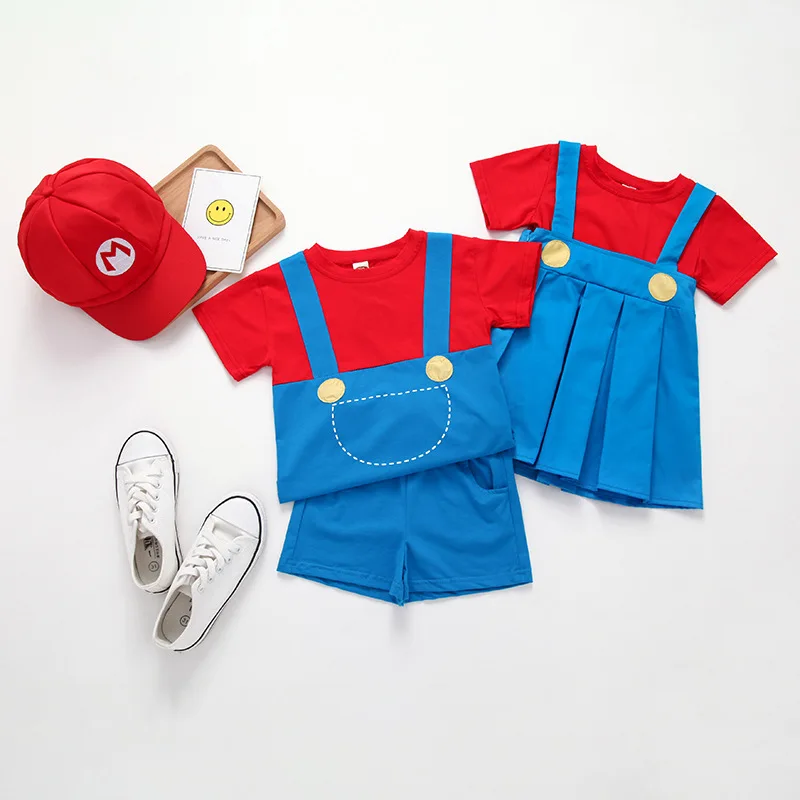 Children's Clothing 2020 Summer New Mario Set Sister Costume School Uniform Cartoon Performance shorts Cotton |