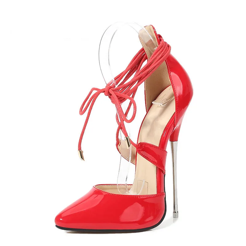 Пикантные туфли на высоком металлическом каблуке 16 см; Туфли на очень высоком каблуке с ремешком в виде конского глаза; модельные туфли на высоком каблуке для ночного клуба - Цвет: Красный