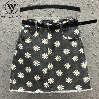 

Fashion Daisy Print Denim Short Skirt Womens Summer New A-Line Package Hip skirts Tassel High waist Mini Jeans Skirts Female