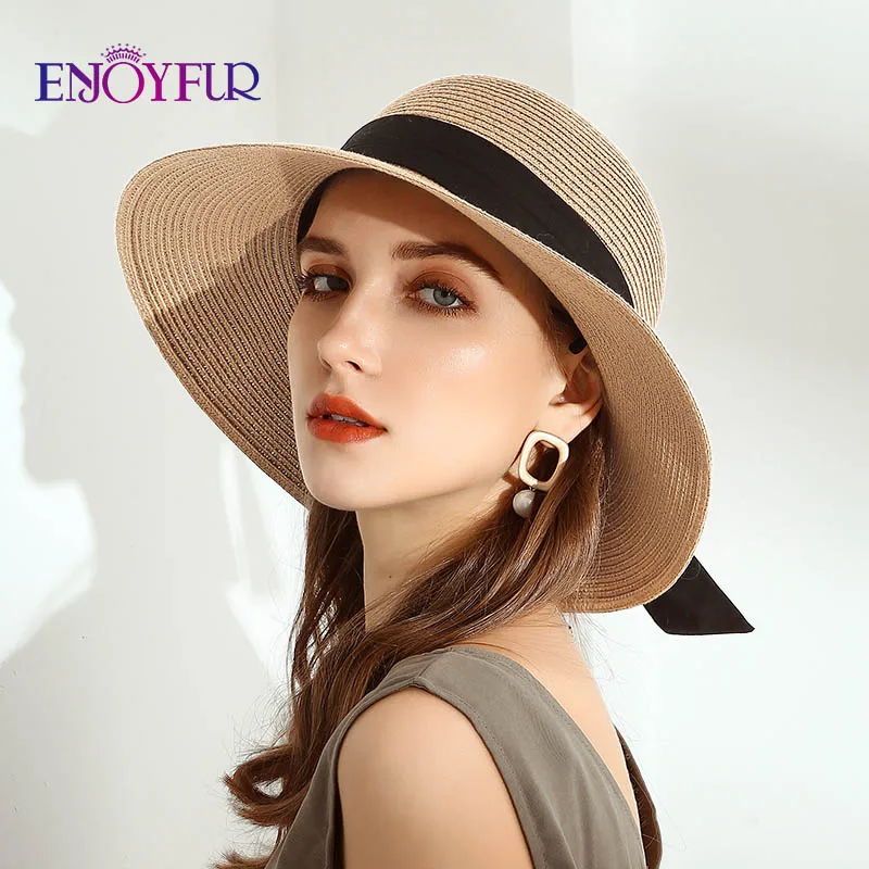 ENJOYFUR Summer Sun Straw Hats for Women Wide Brim Ribbon Bow - Main Image