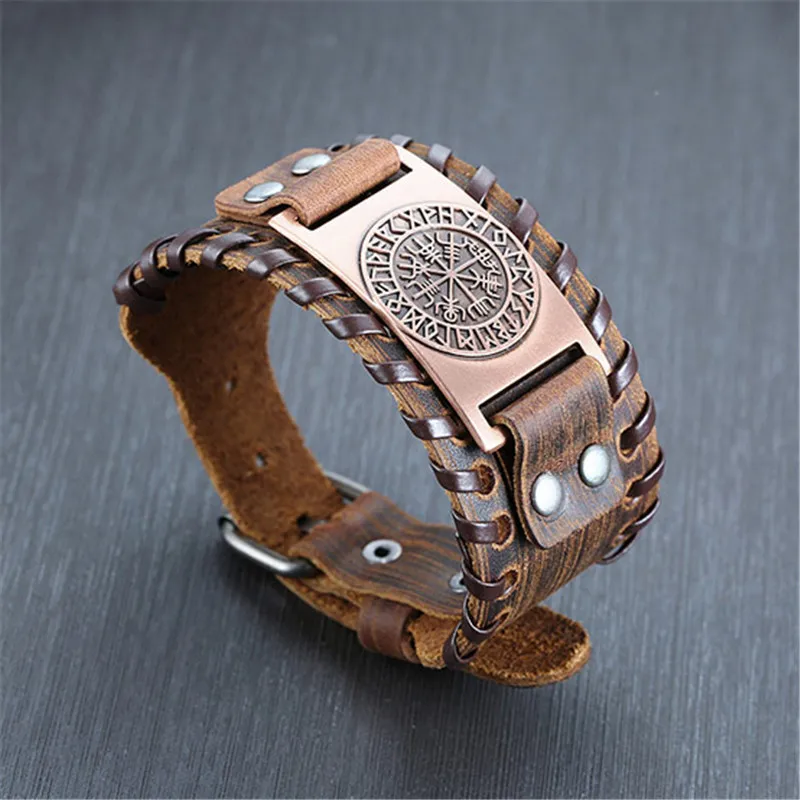Leather Bracelet Punk Vintage Compass Bangles Nordic Runes Odin Symbol Wrap Viking For Men