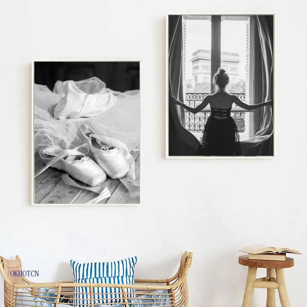 Black White Ballet Shoes Poster Canvas Painting Minimalist Dancer Wall Art Decorative Pictures for Living Room | Дом и сад