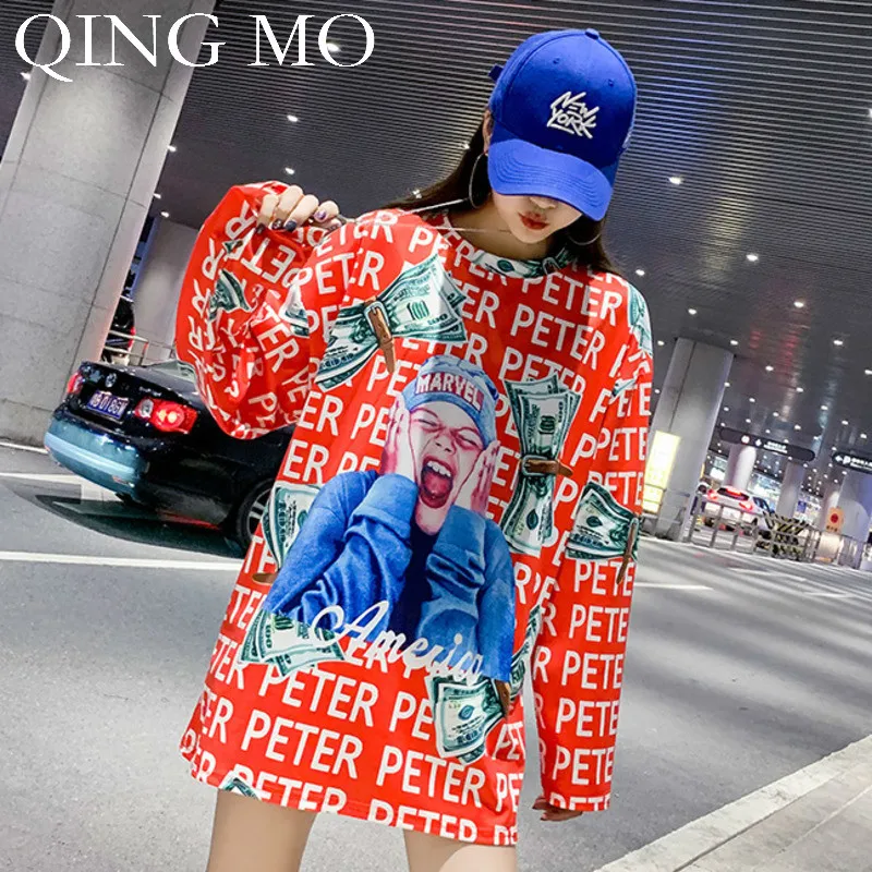 Женская футболка с принтом QING MO свободная повседневная хлопковая длинным