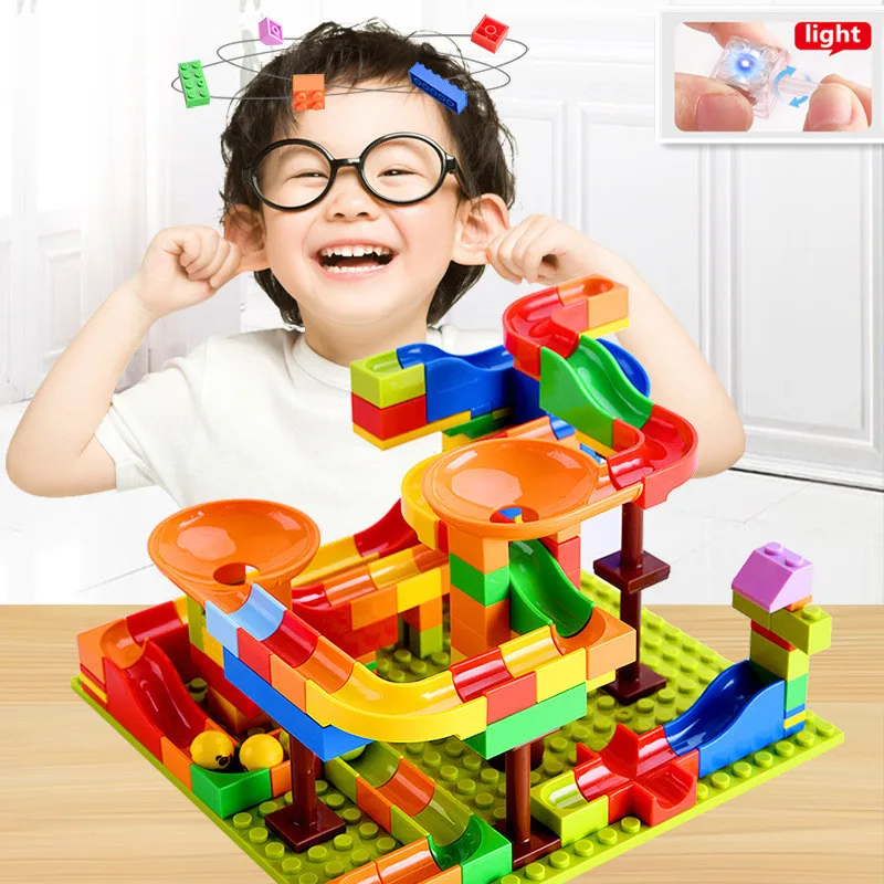 

128-256 PCS Baby Blocks Marble Race Run with light Maze Ball Track Building Blocks Plastic Funnel Slide DIY Bricks Duploe toys