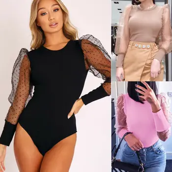 

Brand New Women Polka Dot Sheer Puff Sleeve Bodysuits Top Ladies Long Sleeve Sheath Jumper Shirt Bodycon Playsuits