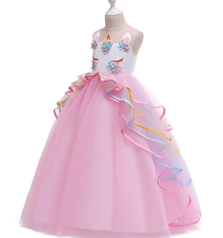 Платье принцессы с единорогом для детей 4-14 лет, дизайнерский наряд, вечерние платья на свадьбу, Платья с цветочным узором для девочек
