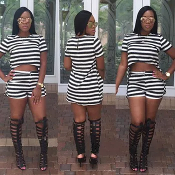 

Zoctuo Prisoner 2 Piece Set Women Summer O-Neck Casual Crop Top 2020 Female Clothing Tracksuit Striped Loose Shorts Two Piece