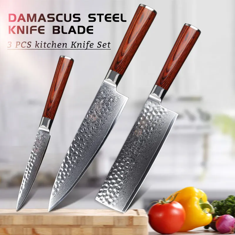 

Yarenh 3 PCS Damascus Knife Cleaver Kitchen Tools - Multi-Function Chef Vegetable Cooking Jnives Sset - Premium Pakkawood Handle