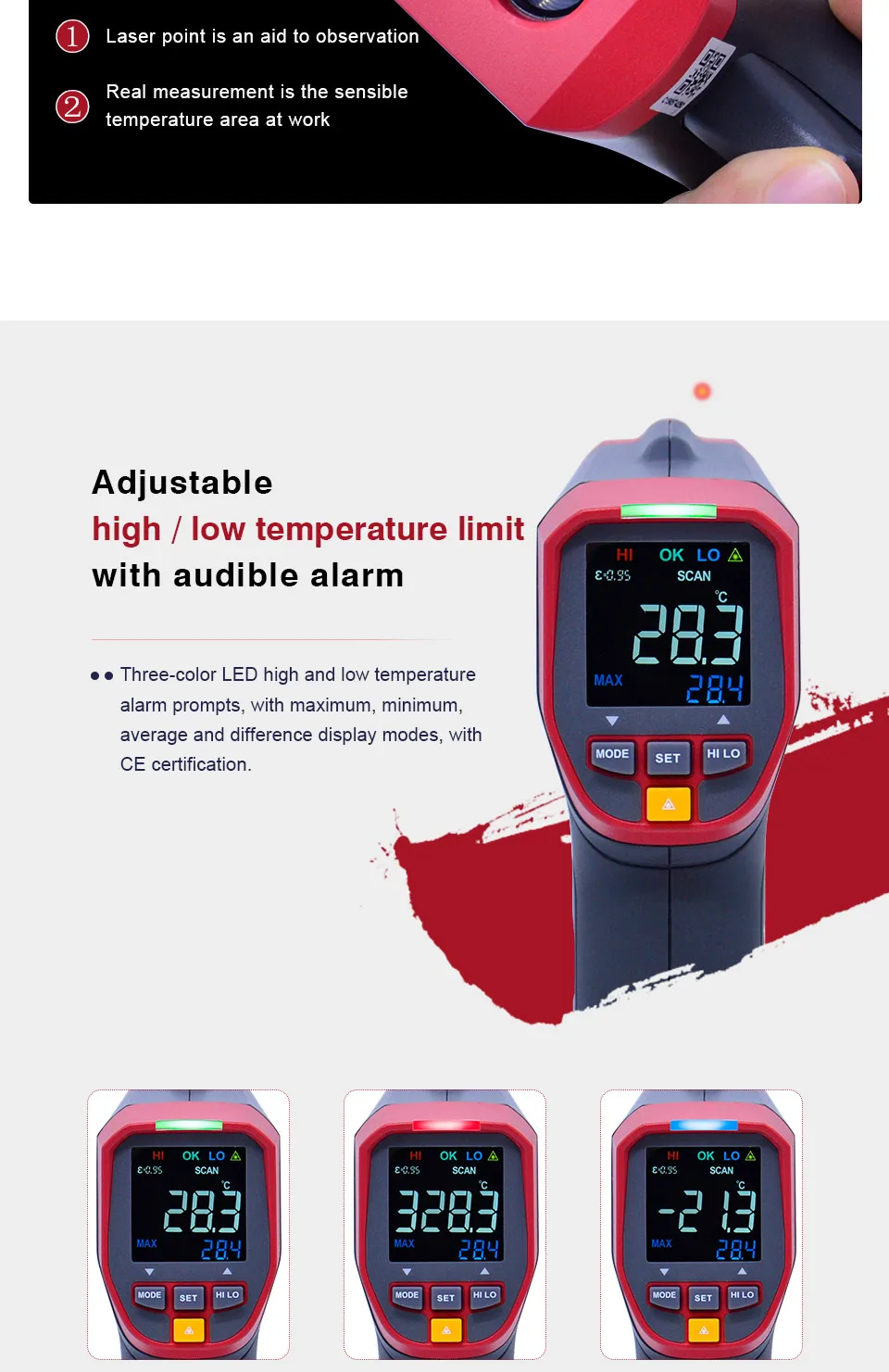 UNI-T UT301A+/302A+/303A+ инфракрасный термометр высокой четкости EBTN цветной экран Регулируемая излучательная функция будильника-32~ 800C