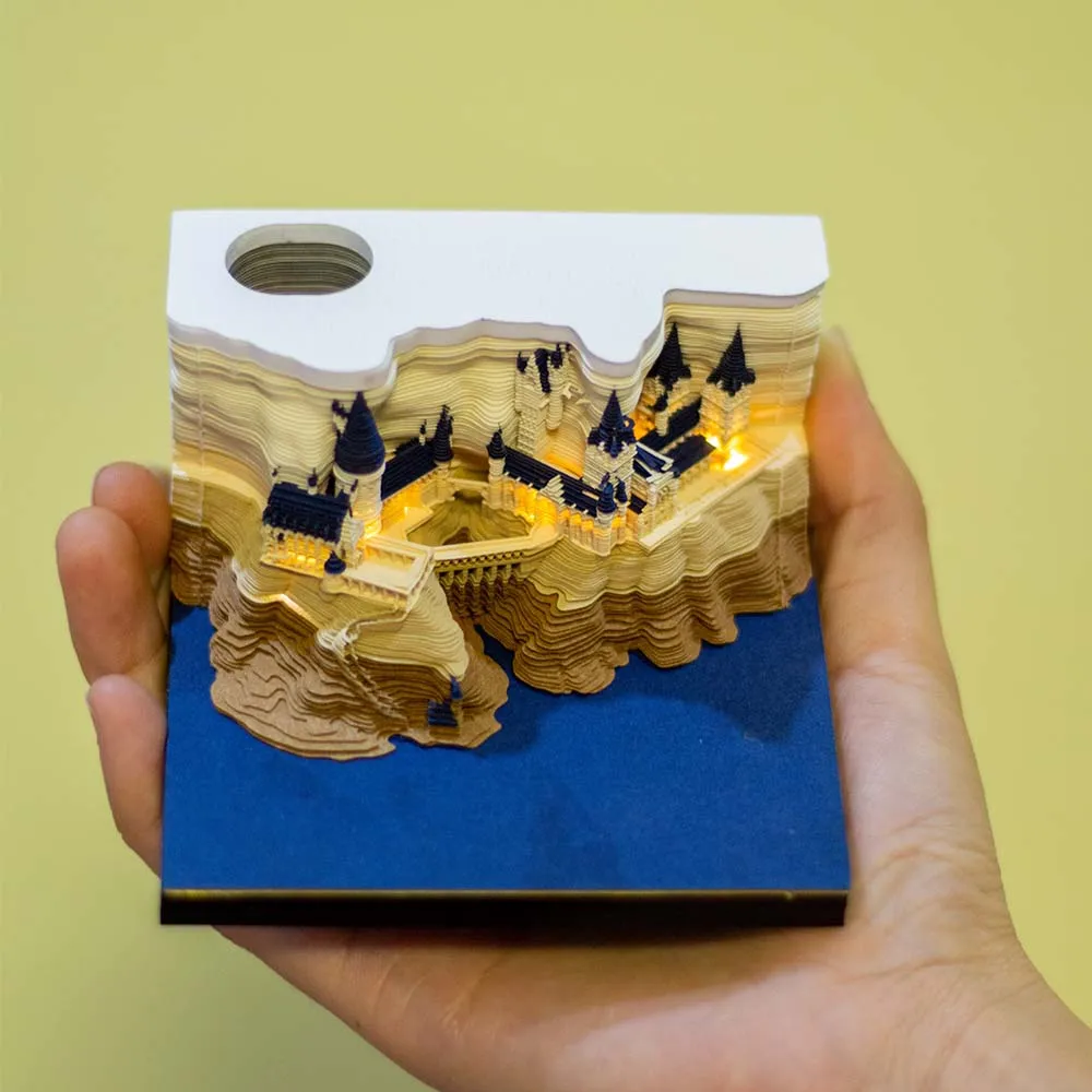 Bloco de notas 3d bonito engraçado da escola castelo com luzes diy nota de papel arte bloco de notas edifício omoshiroi harry pegajoso nota