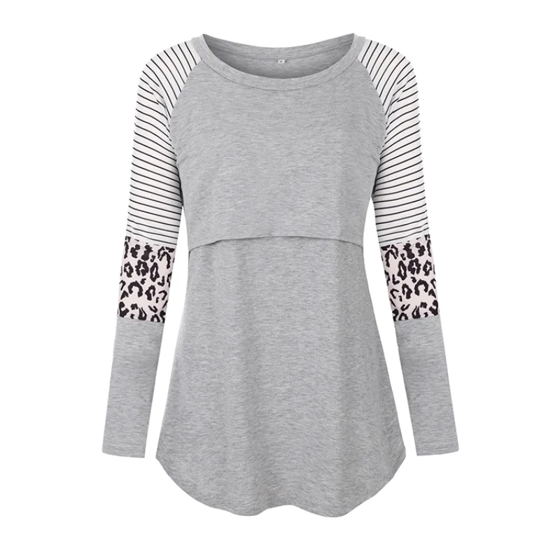 Leopard stripe printed round collar lactation dress long-sleeved T-shirt nursing dresses breastfeeding for pregnant women
