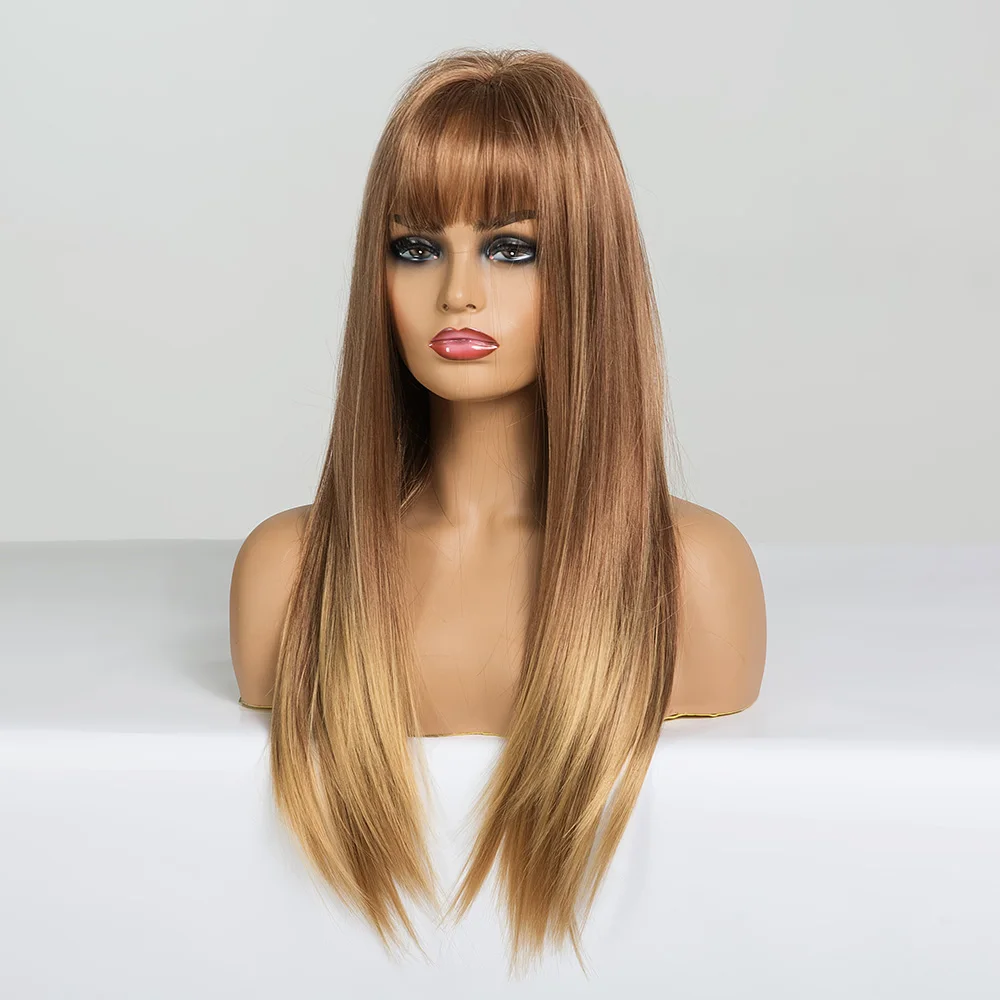 EASIHAIR Long Straight Light Blonde Ombre Wigs with Bangs Synthetic Wigs for Black Women Cosplay Wigs High Temperature Fiber Wig