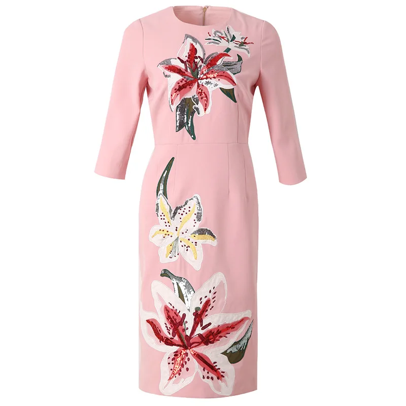 

HUAYIMENGYI Elegant Temperament Lily Embroidery Sequins Pink Dresses O Neck A Line Three Quarter Sleeve Flower Women Slim Dress