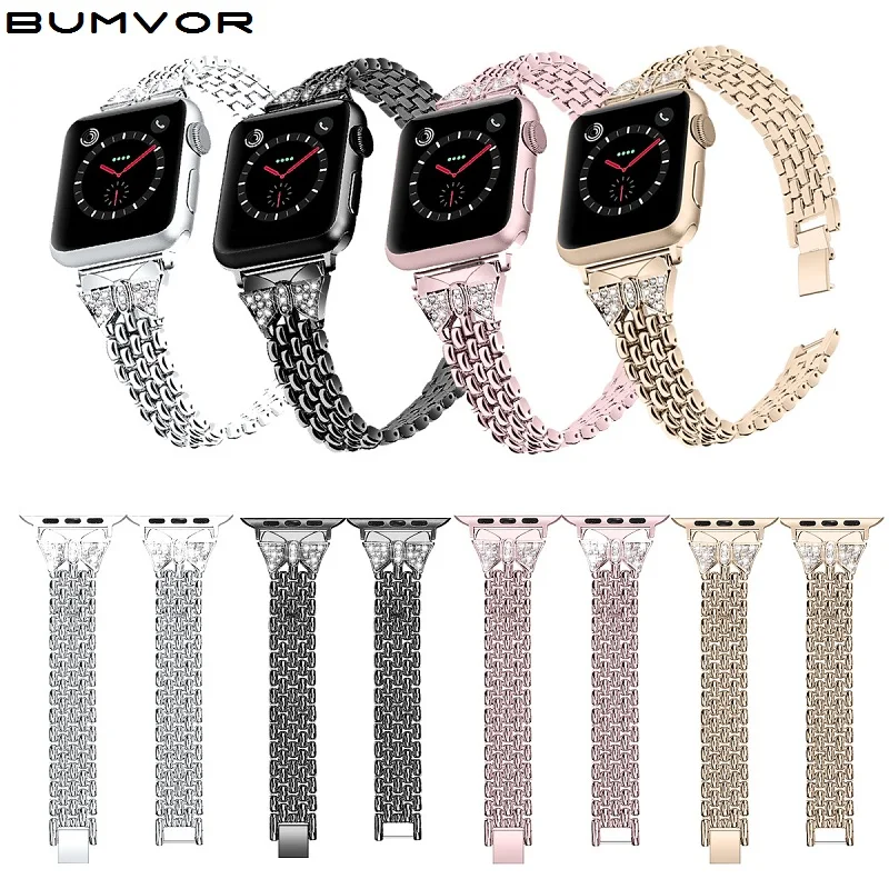 Ремешок из нержавеющей стали с бриллиантами розового золота для Apple watch 5, 4, 42 мм, 38 мм, iwatch 5, 3, ремешок 44 мм, 40 мм, металлический ремешок для часов, браслет