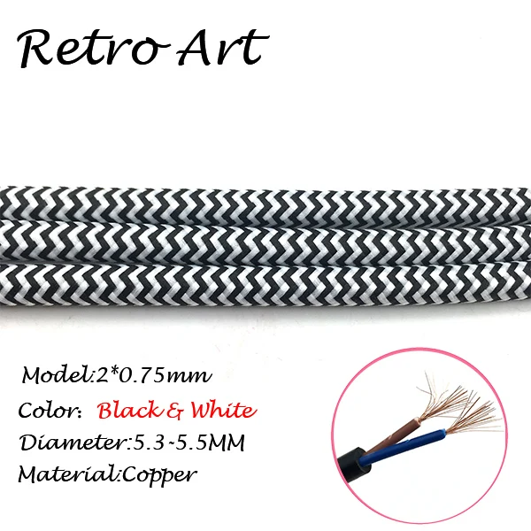 Винтажный стиль ткань кулон шнур лампы античный кабель с Текстильной Оплеткой - Цвет: Black and White