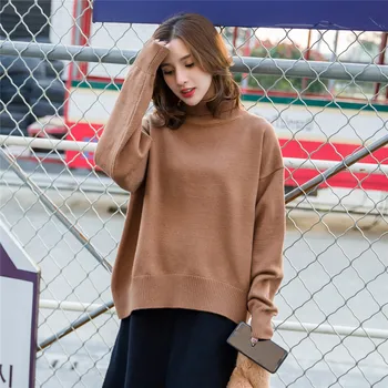 

2020 Winter Autumn Oversized Knitted Cashmere Blend Sweater Women Lantern Sleeve Top Turtleneck Sweater Loose Korean Style E026