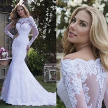Длинные рукава Русалка Свадебные платья с открытыми плечами кружева Аппликации Кнопка Иллюзия Свадебное Платье Vestidos De Noiva суд поезд