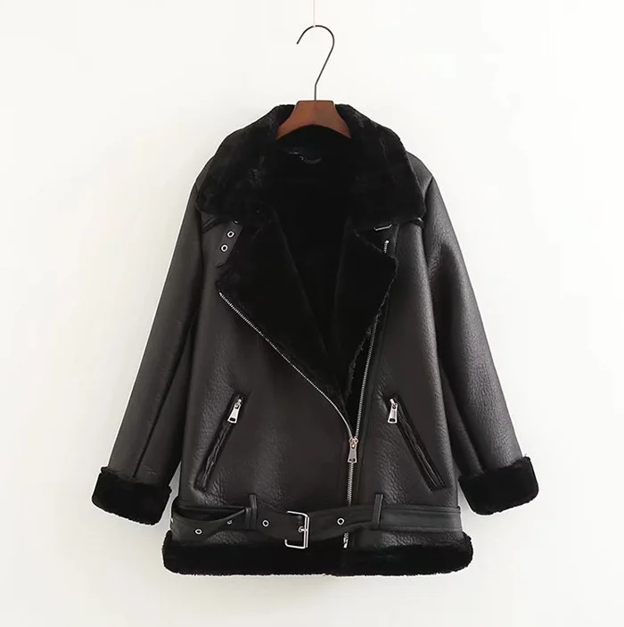New Winter Women Sheepskin Coats Thicken high quality Faux Leather Fur Female Coat Fur Lining Leather Jacket Aviator