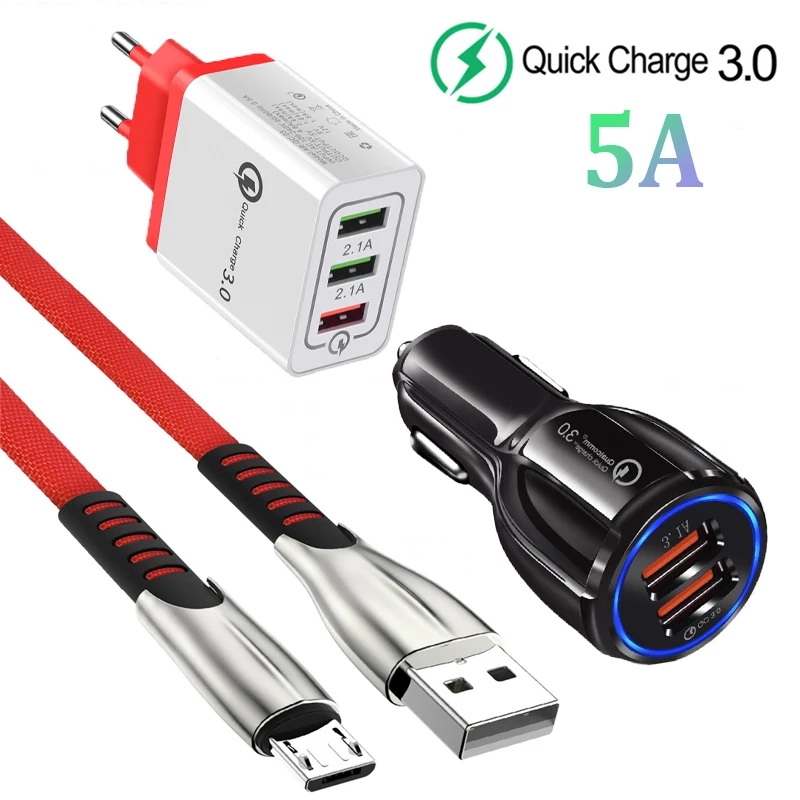 3.1A автомобильное зарядное устройство Quick Charge 3 0 порта Micro USB кабель для Samsung S7 S6 edge